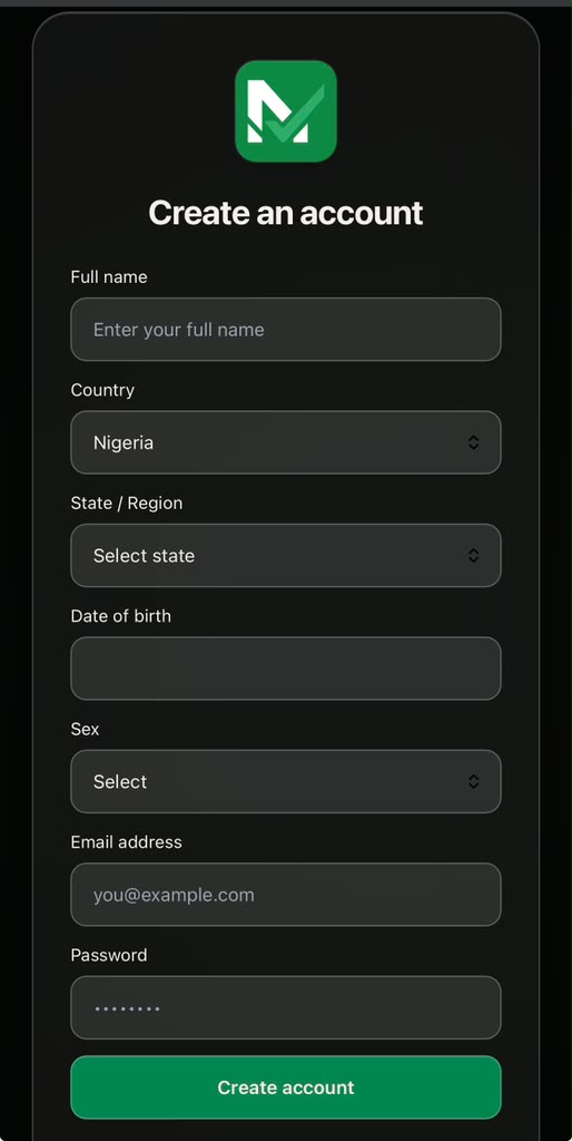 The create an account flow on mobile, running in a single column with minimal required fields